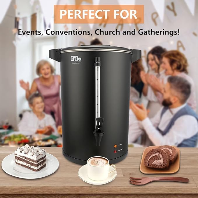 55-Cup 10L Commercial Coffee Urn, Festa Essential 750W Double Wall Large Percolate Coffee Maker Stainless Steel Hot Water Urn Dispenser with Double Dripless Faucet, Quick-Brewing for Catering, Black