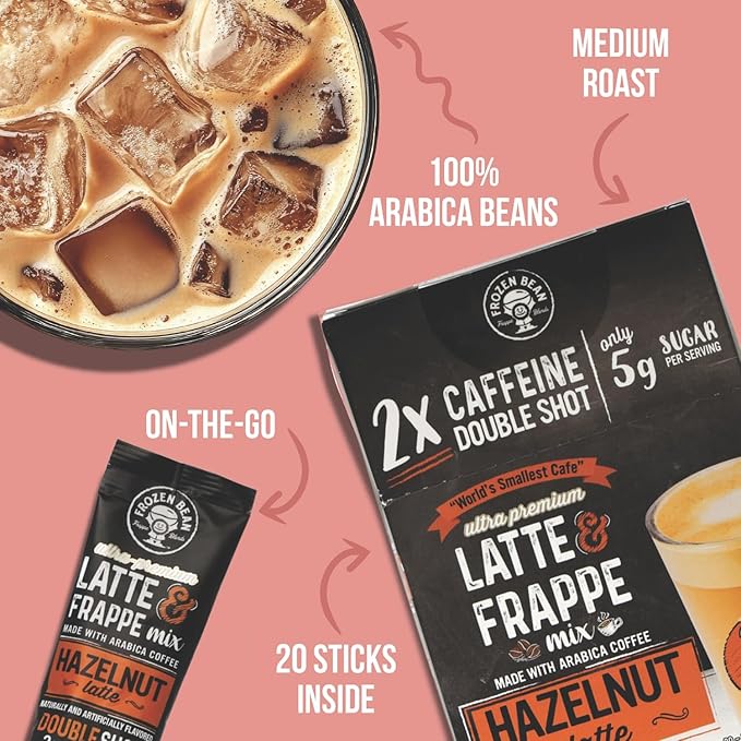 The Frozen Bean Hazelnut Frappe & Latte Instant Mix (20 Sticks), Made with Arabica Coffee, Double Shot Caffeine, Low Sugar & Premium Ingredients, Hot, Iced, or Blended Drinks