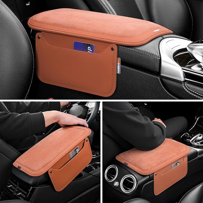 Car Center Console Cover, Leather Furry Fluffy Armrest Seat Box Cushion Pad with 2 Storage Bags, Comfortable Auto Interior Middle Console Protector, Compatible with Most Vehicle (Orange)