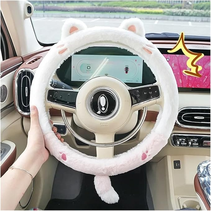 Cute Winter Plush Steering Wheel Cover - Non-Slip Warm Handlebars Decoration for Cars(Acyclic Beige JIU)