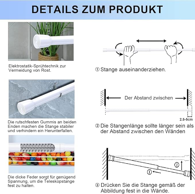 AIZESI Spring Tension Rods Adjustable Tension Curtain Rod Small Tension Rod No Drilling Expandable Spring Loaded Curtain Tension Rod(White,26" to 39"-4Pcs)