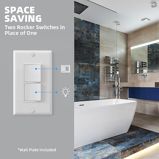 ELEGRP Decorator Double Rocker Light Switch, Two Single Pole Electrical Paddle, 15A 120V, In-Wall On/Off, Self-Grounding, Wall Plate Included, UL Listed (2 Pack, Glossy White)