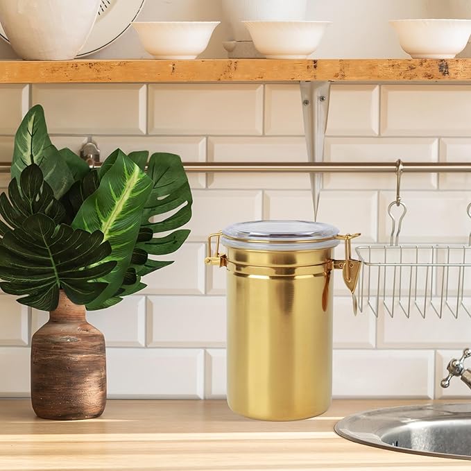 Kitchen Canister 41 oz,Airtight Stainless Steel Kitchen Food Storage Container for Coffee Beans,Beans,Tea,Flour, Cereal,Sugar.Coffee Container with Airtight Clear Lid and Locking Clamp.Gold