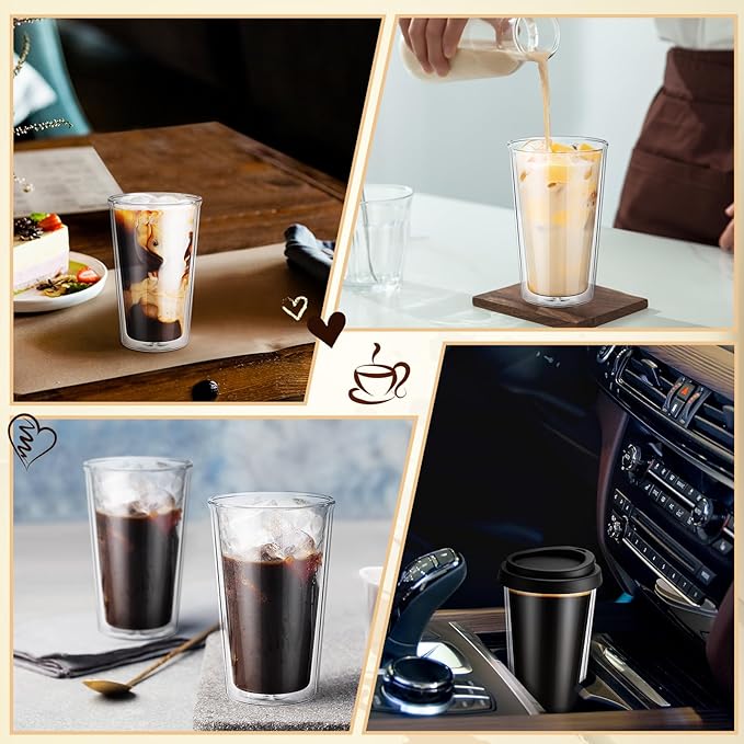 Honeydak 2 Pack 12 oz Double Walled Glass Coffee Mugs with Silicone Lids Clear Insulated Drinking Cups Reusable Glass Iced Coffee Cups for Home Office and Travel