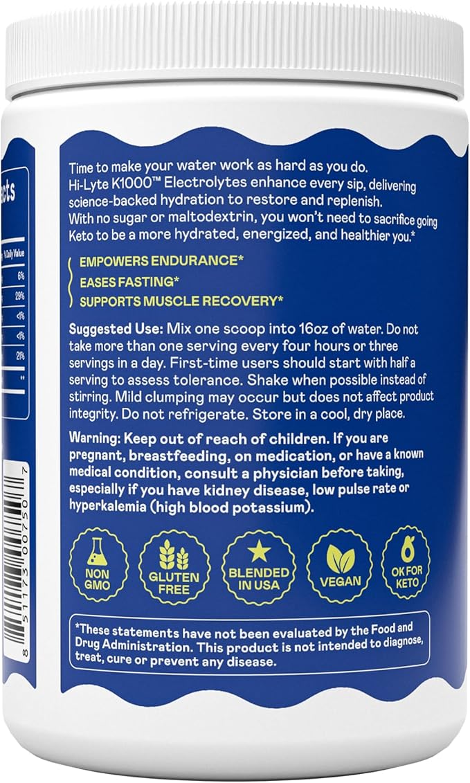 Hi-Lyte Keto K1000 Electrolytes Powder | Raspberry Lemon | Hydration Supplement Drink Mix | Boost Energy & Beat Leg Cramps | No Sugar, No Maltodextrin | 120 Servings