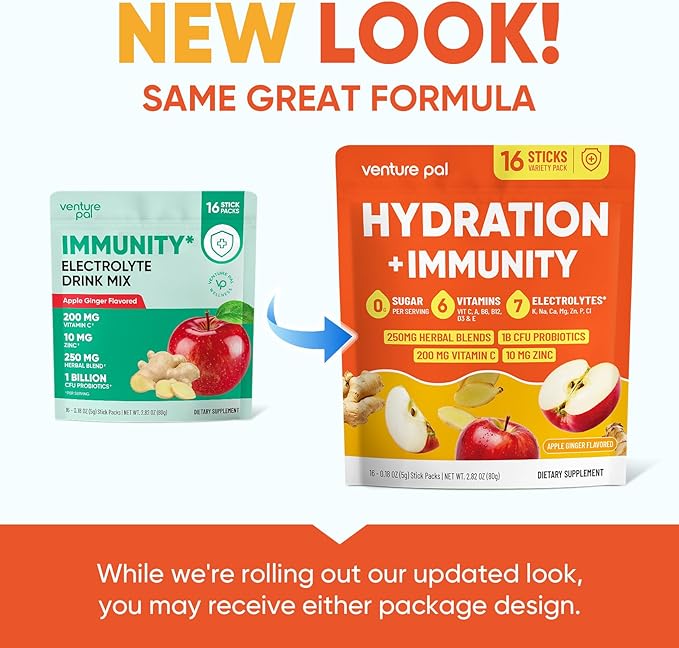 Venture Pal 2-in-1 Hydration + Immune Electrolytes Powder Packets with 7 Electrolytes & 6 Vitamins, Elderberry, Turmeric, Echinacea | Liquid Daily IV Drink Mix | Sugar Free | Keto Friendly, 16 Sticks
