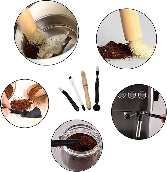 Coffee Grinder Cleaning Brush, Espresso Machine Brush Kit Wood Handle & Natural Bristles Wood Dusting Espresso Brush Set with Spoon for Bean Grain Coffee Tool (Pack of 4)