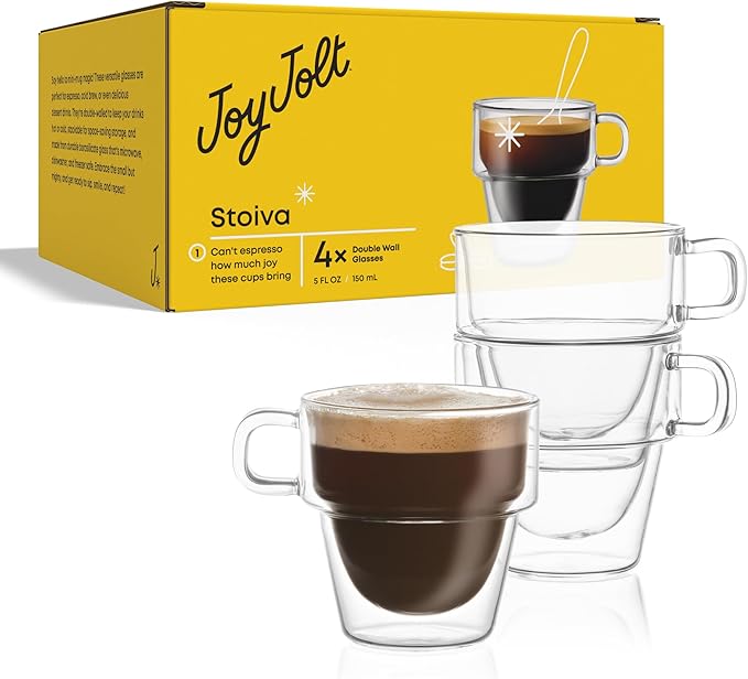 JoyJolt Stoiva Double Wall Insulated Espresso Glass Cups – 5 oz. (150 ml) Shot Cup with Handle – Stackable Thermal Clear Glass Cups, Fit for Espresso Machine and Coffee Maker – Set of 4