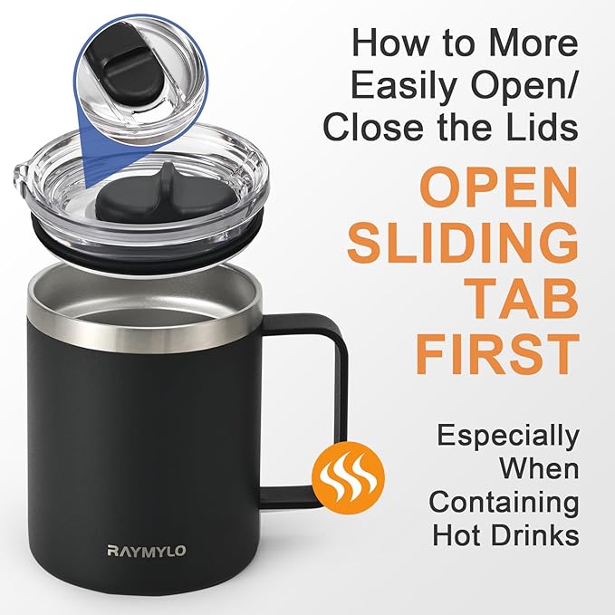 Insulated Coffee Mug 12 oz, Double Wall Stainless Steel Coffee Mug with Lids, Leak-Proof & Detachable Slider Lid for Thorough Clean, Keeps Coffee Cold for 9 Hrs, Suitable for Camp Home Office