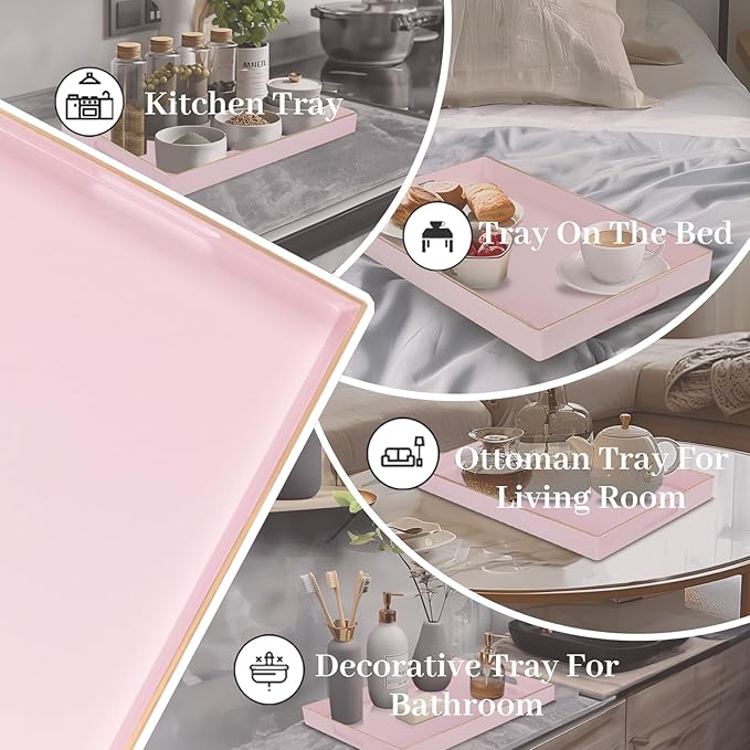 MAONAME Pink Serving Tray with Handles, Modern Decorative Tray for Coffee Table, Plastic Rectangular Trays for Ottoman, Bathroom, Decor, 15.8” x 10.2” x 1.4"
