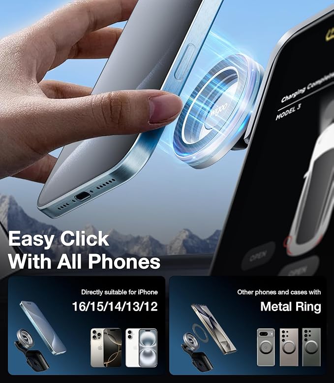 Wigoo Tesla Phone Mount for Tesla【Strongest Magnetic Power, No Blocking View】 Screen Phone Holder, Tesla Model 3/Y/X/S Accessories Fits for All iPhone & Android Phones with Magnetic Ring
