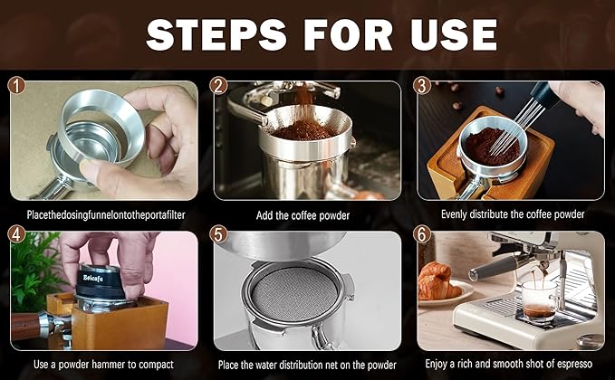 51mm Espresso Accessories Kit, 4 PCS 51mm Coffee Distributor Espresso Coffee Tamper Leveler with WDT Tool, Dosing Funnel and Espresso Puck Screen for Bottomless Portafilter (51mm)