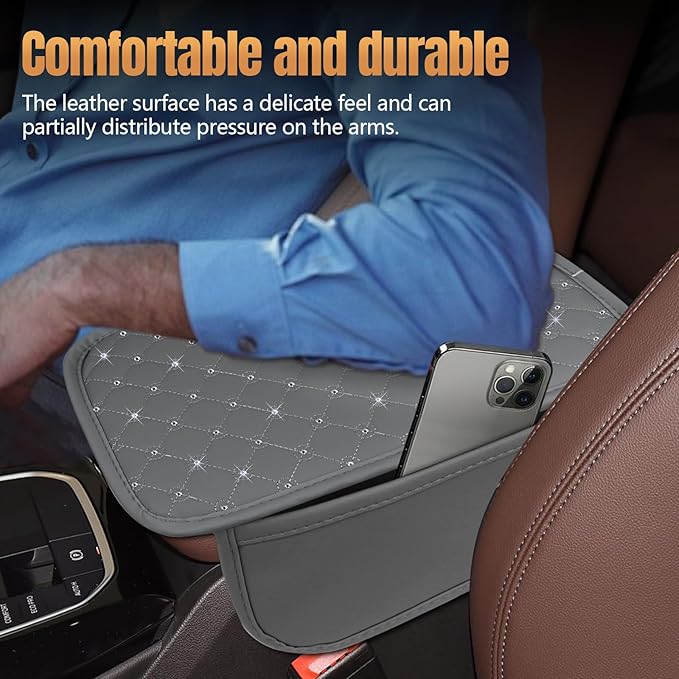 wuyaoyao Bling Car Center Console Cover, 11.81"×7.87" Leather Auto Arm Rest Cover Protector with 2 Storage Bags, Vehicle Crystal Rhinestone Armrest Cushion Pad, Interior Car Accessories (Gray)