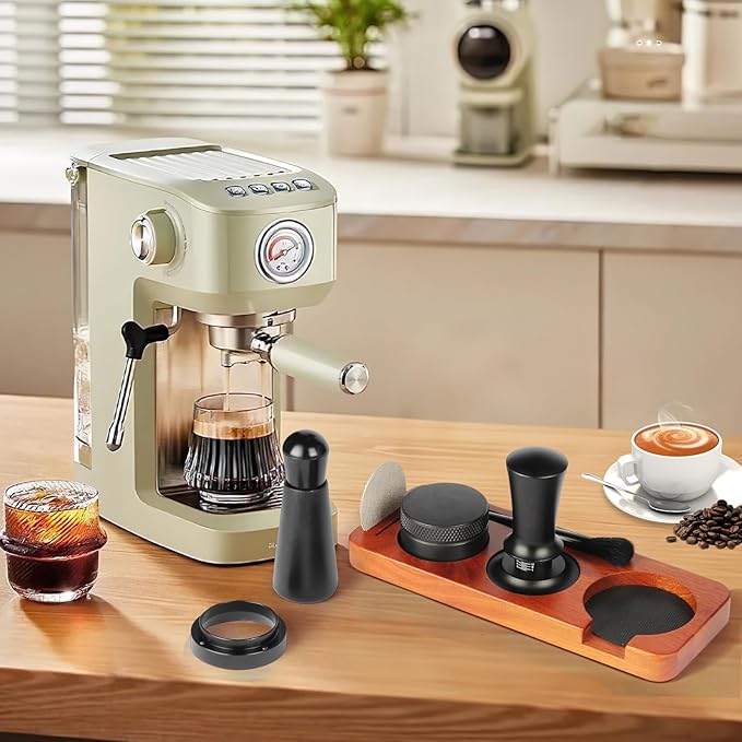 8 PCS Espresso Accessories with Wooden Storage Box, Espresso Tool Kit with Espresso Tamping Station, Distributor, Stirrer, Dosing Funnel, Needle Distributor, Puck Screen (54mm)