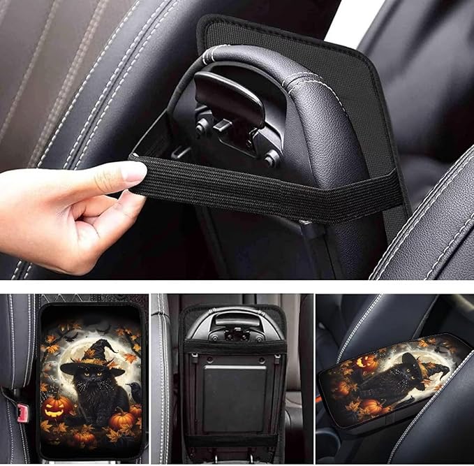 Mintutlipy Halloween Black Cat Car Center Console Cover Car Seat Box Cover Car Decoration Wear Proof Dust Proof Armrest Cover Protector