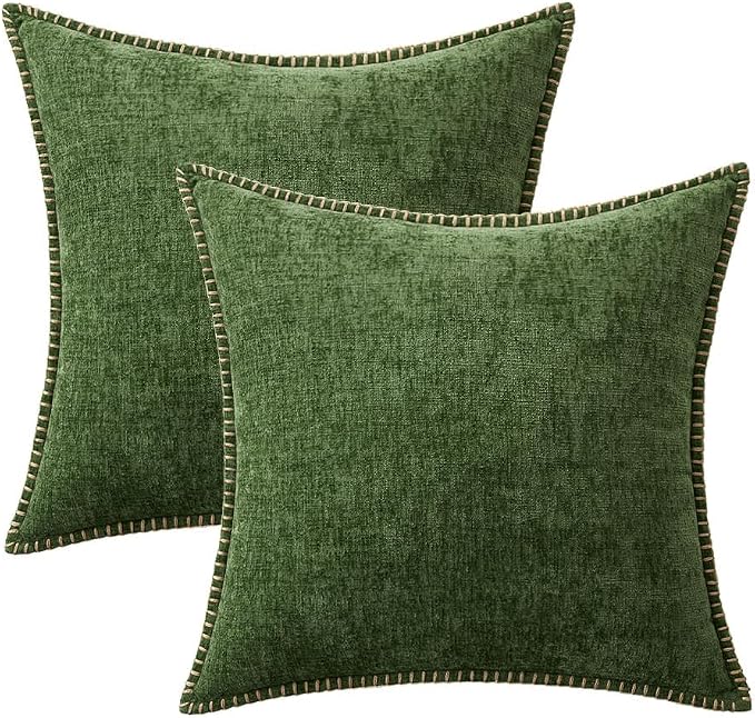 MIULEE Pack of 2 Euro Sham Pillow Covers 26x26 Inch Moss Green Farmhouse Decorative Throw Pillow Covers with Stitched Edge Soft Chenille Pillow Covers for Couch Sofa Bed Living Room, Forest Green