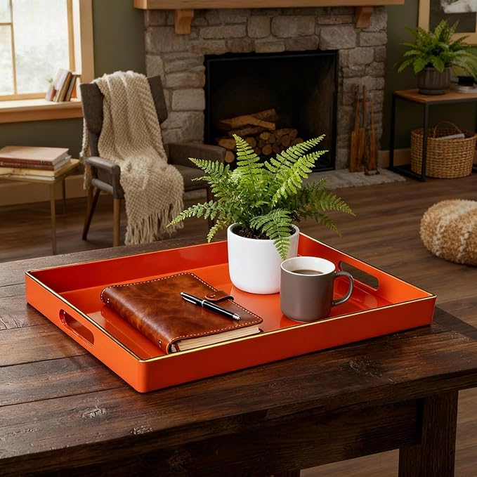 Zosenley Decorative Tray, Rectangular Plastic Tray with Handles, Modern Vanity Tray and Serving Tray for Bathroom, Kitchen, Ottoman and Coffee Table, 15.6” x 10.2” (Orange)
