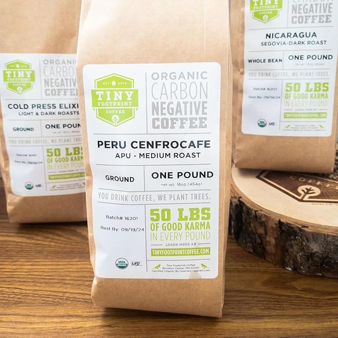 Tiny Footprint Coffee - Fair Trade Organic Peru APU Medium Roast - Whole Bean Coffee, USDA Organic & Carbon Negative - You Drink Coffee, We Plant Trees, 16 Ounce,9849109