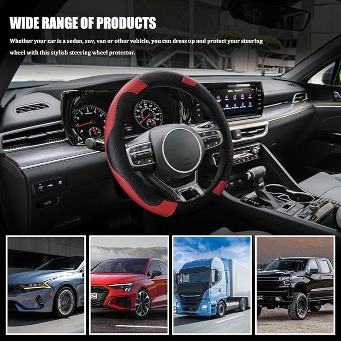 Car Steering Wheel Cover, Steering Wheel Cover Protector, 15 Inch Carbon Fiber Microfiber Leather Elastic Steering Wheel Protector, Car Steering Wheel Accessories for Vehicles (Black red)