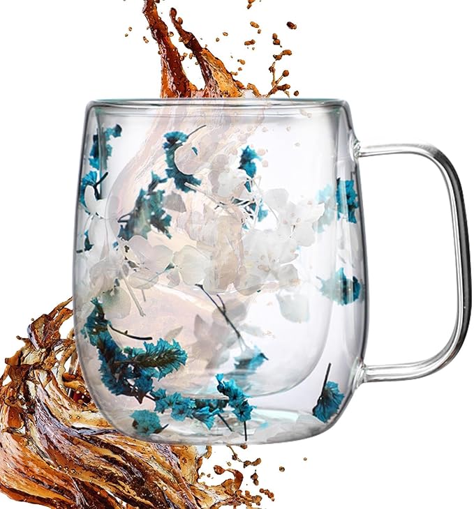 Dried Flowers Insulated Glass Double Wall Coffee Mug With Handle 250ml/390ml Transparent Double Glases Flower Tea Cup Latte Coffee Cup Borosilicate Glass Tea Mug