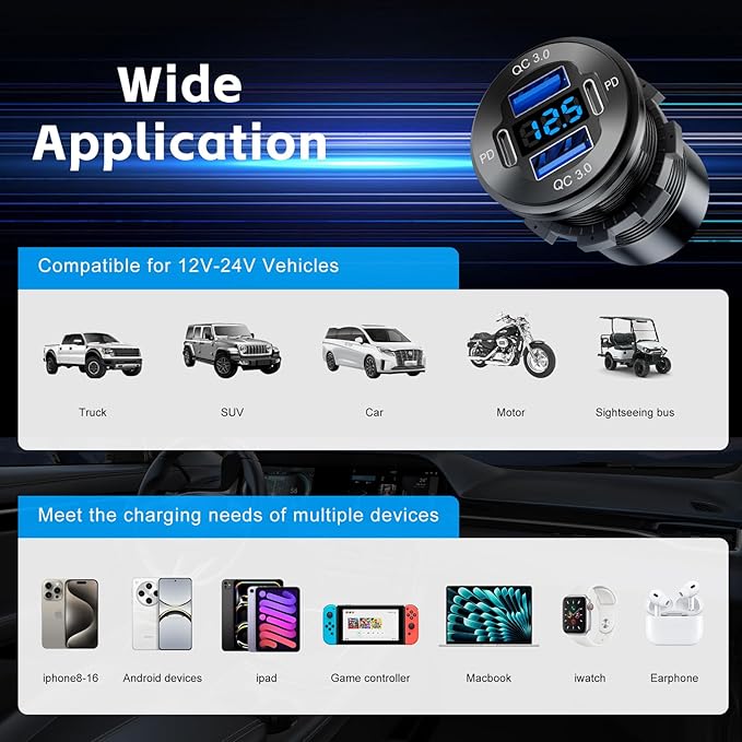 12V USB Outlet, 4 Port Aluminum Charger Socket 2 C PD & 2 QC3.0 with Voltmeter, 12V/24V Car USB Charger Socket for Car Boat Marine Bus Truck Golf RV Motorcycle and More 1-Pack