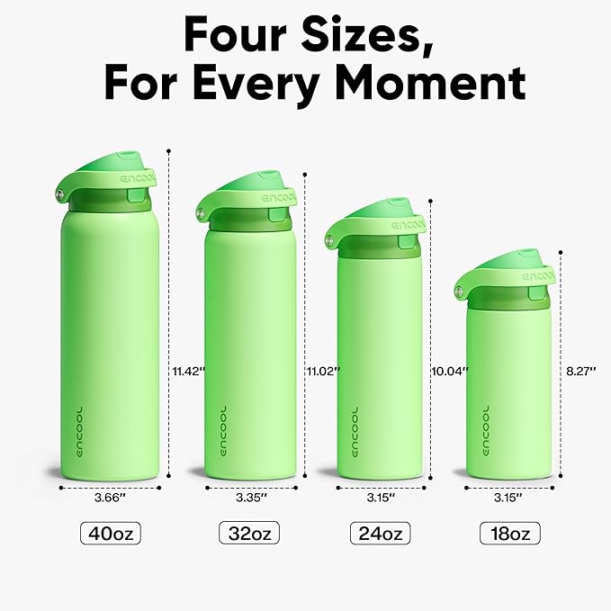 ENCOOL Leakproof Insulated Water Bottle with Straw Dual-Sip Water Bottle Bag-Safe Design for Work, Commute & Gym – Keeps Drinks Cold All Day, 18 oz, Algae Green