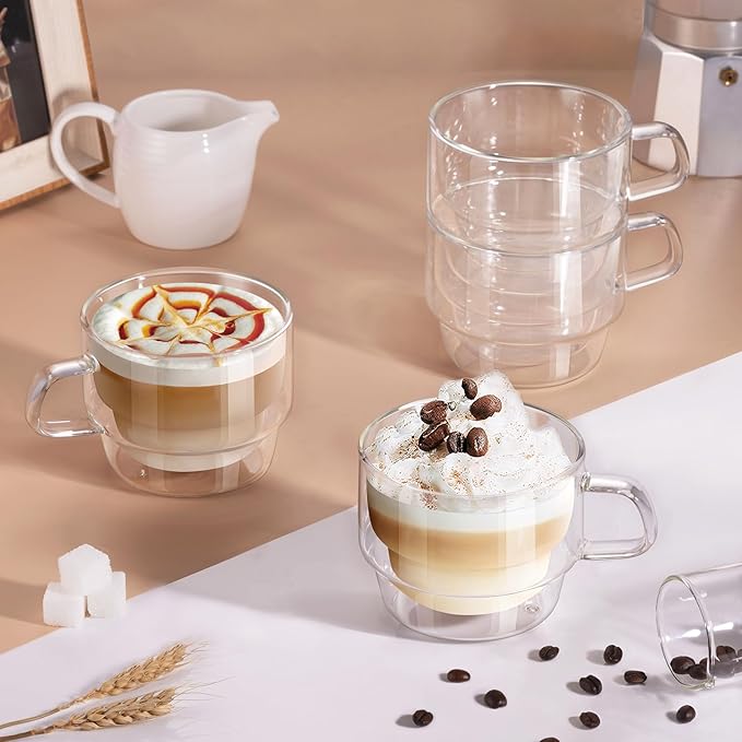 glastal 12 oz Latte Macchiato Glasses, Double-Walled Coffee Glasses, Set of 2, Glass Stackable Coffee Cups, Tea Glasses with Handle for Cappuccino, Tea, Milk, Gifts for Women Friends New Home Gift