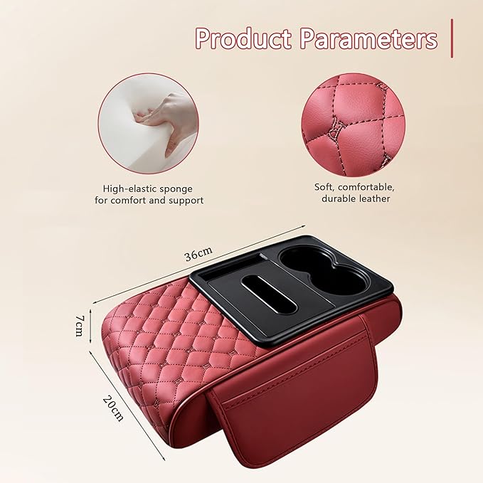 Car Center Console Cover for Toyota Crown Signia – 5-in-1 Leather Armrest Cushion Pad with 2 Storage Bags, Holds Cups, Phone, Tissues, Car Interior Accessory,C Red