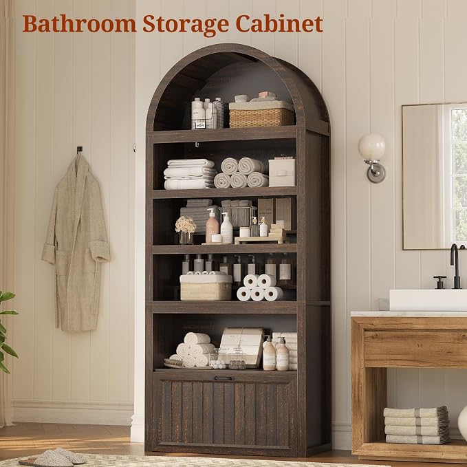 81" Tall Arched Cabinets,Bookcase with Drawer storage,Mid-Century Modern 5-Tier Bookshelf,2 Book Risers and Adjustable Shelves offering more storage space for Living Room,Kitchen,Home Office,Walnut