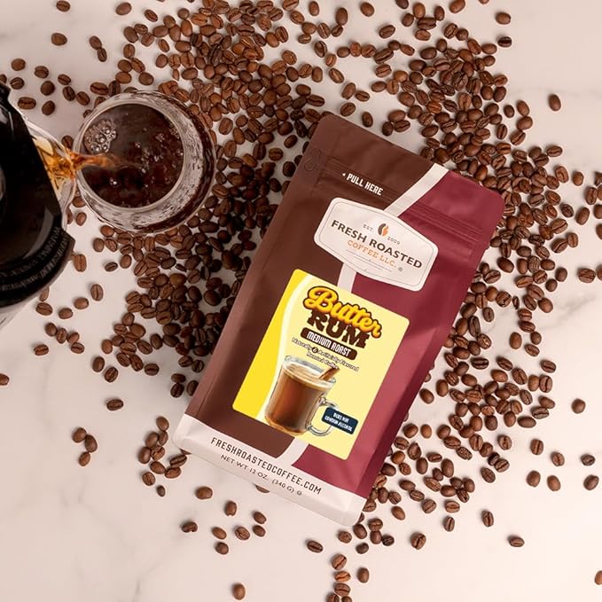 Fresh Roasted Coffee, Butter Rum Flavored Coffee, 12 oz, Medium Roast, Kosher, Ground