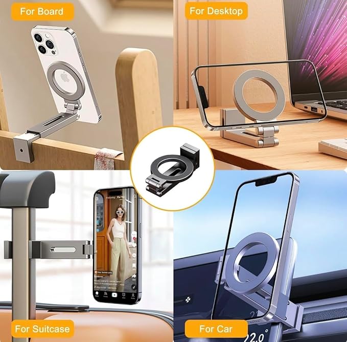 DT-MagClip Magnetic Clip-On Phone Holder for iPhone & Android (MagSafe) | 360° Adjustable Stand for Travel Desk Shopping Carts | Universal 1/4” Tripod Mount | Hands-Free & Creators Friendly (Silver)