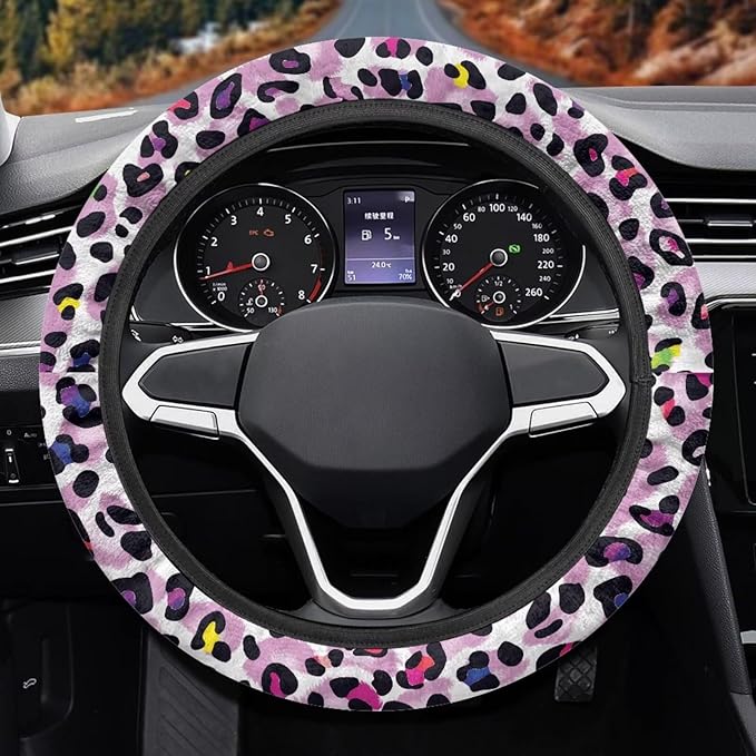 Universal Non-Slip Steering Wheel Cover, 15-inch Polyester Material Driving Accessories, Adjustable for Car and Truck(Vintage Lavender Colorful Leopard)