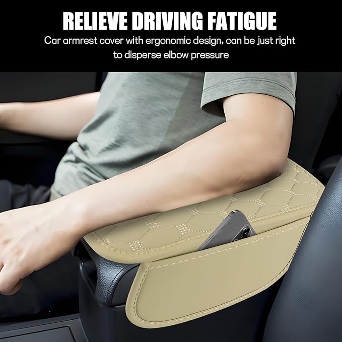 Car Center Console Cover, Leather Auto Armrest Cover Protector, Waterproof Armrest Center Console Pad with 2 Storage Bags, Universal Armrest Seat Box Pad for Vehicle SUV Truck (Beige)