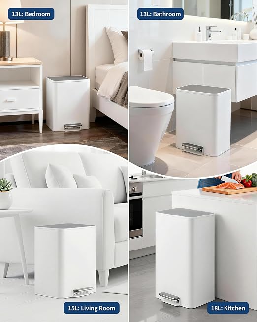 3.4 Gallon/13 Liter Trash Can, Stainless Steel Step Garbage Can with Quiet Soft-Close Lid, Foot Pedal & Removable Inner Bucket, Rectangular Trash Bin for Bathroom Home Office, White