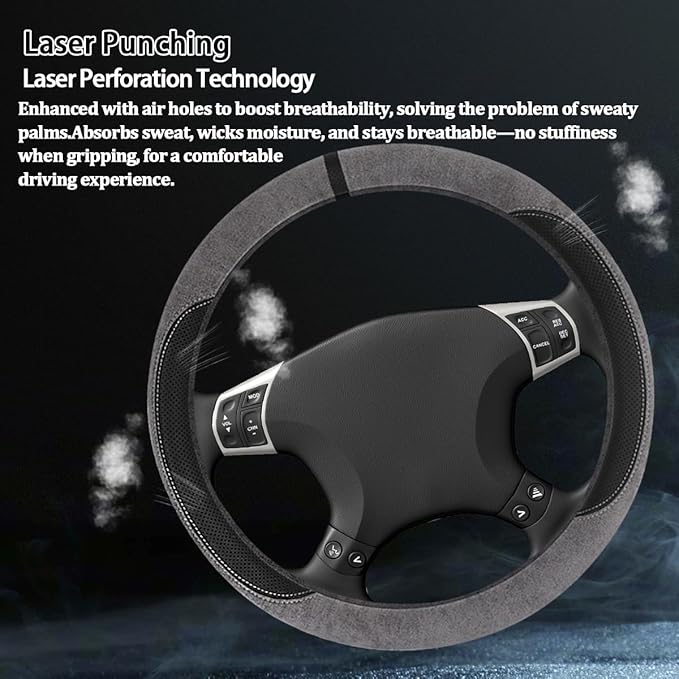 HZEL Car Steering Wheel Cover, Non-Slip Suede Leather Breathable Vehicle Steering Wheel Protector with Inner Ring, Automotive Interior Protective Accessories, Universal Fit (Light Silver Gray)