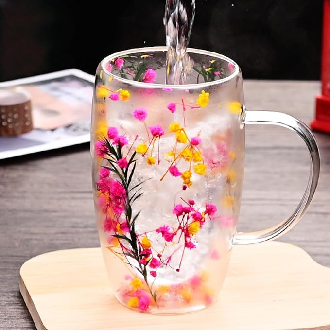 15.22oz, Double Wall Borosilicate Glass Coffee Mug with Heat-Resistant Handle, Insulated Flower Tea Cup, Multi-Color Options (pink,15.22oz)