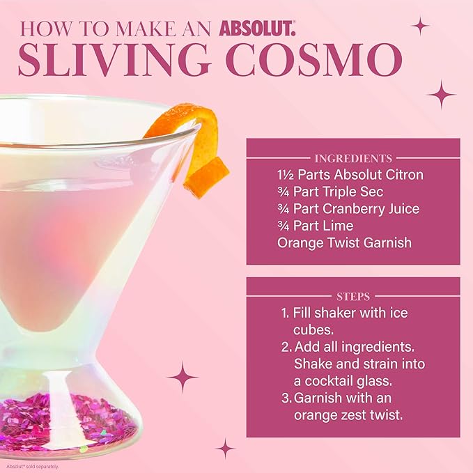 Paris Hilton 2-Piece Martini Glass Set, Double Wall Glass Design, Great for Martinis, Cocktails, Cosmopolitans, Margaritas, 207mL, 7-Ounce, Iridescent with Glitter Hearts