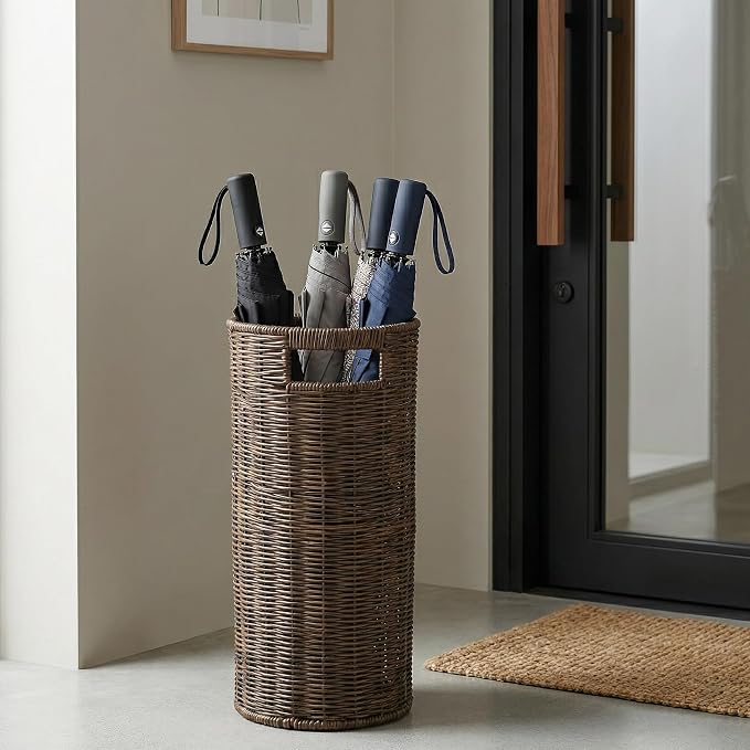 Rattan Umbrella Holder for Entryway with Drip Tray, 21''H Round Umbrella Stand for Indoor & Outdoor, Tall Wicker Basket for Storage, Woven Organizer for Home, Office, Hotel, Shop, Brown