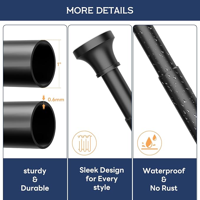 STARLATTA Adjustable Shower Curtain Rod 31-104 Inch, Never Rust Stainless Steel Black Tension Rod, 1" Heavy Duty No-Drill for Bathroom, Kitchen & Closet