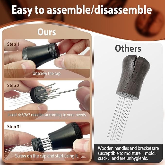 WDT Espresso Distribution Tool Espresso Stirrer Tools for Barista, 0.35mm 7 Needles Espresso Coffee Stirrer with Extra 7 Replaceable Needles, Aluminum Alloy Handle with Stand (Black)