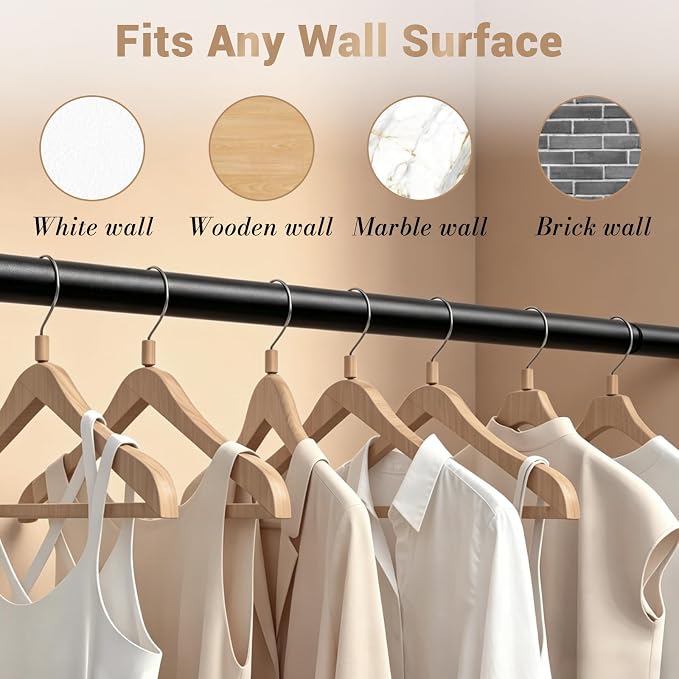 Closet Rod Adjustable 17 to 53 Inch, 1-1/4” Diameter, Closet Rods for Hanging Clothes, Stepless Metal Heavy Duty Hanging Rod for Closet Wardrobes Laundry RV (Black)