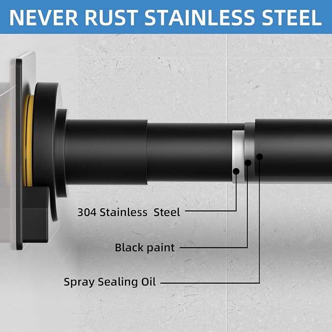 CorkLatta Matte Black Shower Curtain Rod,1 Inch Diameter Stainless Steel Adjustable Spring Tension Rods 32 to 80",with Holders,Anti-Slip,Curtain Rods No Drilling(1 Pack)