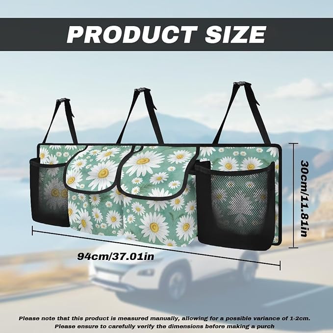 Daisy Printed Trunk Hanging Organizer Backseat Bag Foldable Cargo Storage with 4 Pockets 3 Adjustable Straps Provides More Space for Groceries Car Accessories