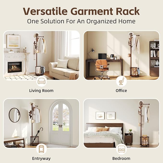 Uniclinens Freestanding Wooden Coat Rack with Umbrella Holder,Walnut Coat Rack with Hooks, Space-Saving Entryway Organizer for Hanging Clothes and Storing Towels, Bedroom, Living Room