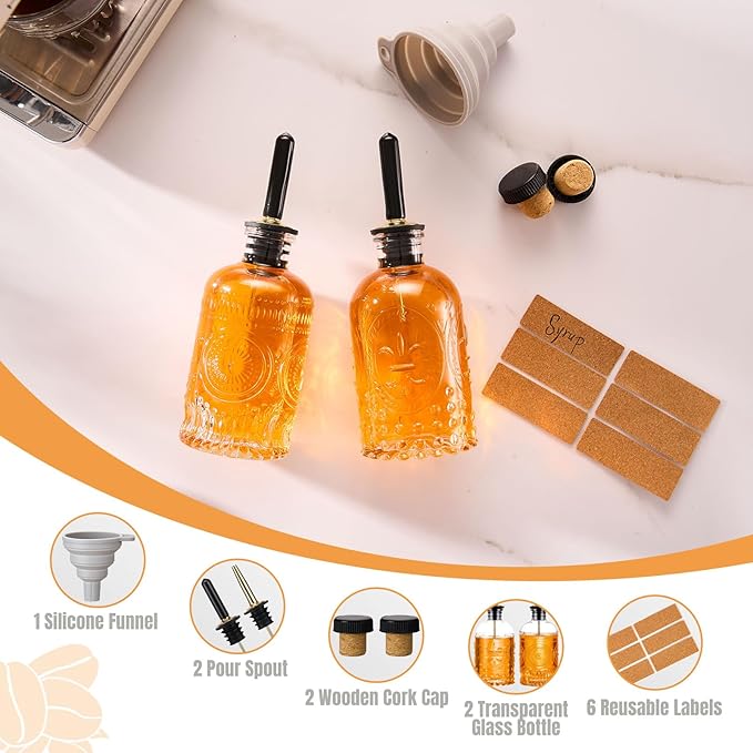 2 Pack Glass Coffee Syrup Dispenser Bottles Set, 7 OZ Simple Syrup Bottles with Metal Pour Spout, Syrup Dispenser for Coffee Bar Accessories for Maple Honey Syrup Oil and Sauces