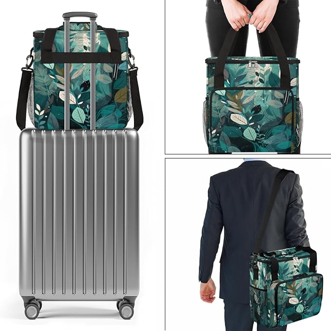 Turquoise Teal Leaves Coffee Maker Carring Bag Travel Carrying Storage Tote Bag Compatible with Keurig K-Mini or K-Mini Plus Portable Single Serve Coffee Brewer Case with Pockets for K-cup Pad