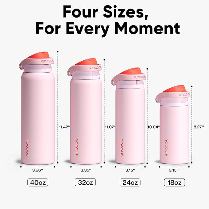 ENCOOL Leakproof Insulated Water Bottle with Straw Dual-Sip Water Bottle Bag-Safe Design for Work, Commute & Gym – Keeps Drinks Cold All Day, 40 oz, Lychee Pink