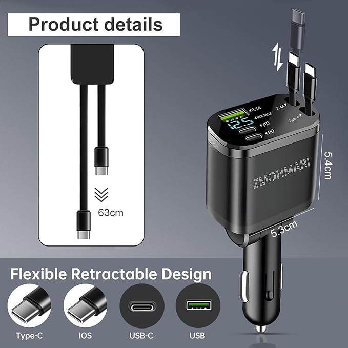 69W Fast Car Charger, 5-in-1 Retractable USB-C & Lightning Charging Cables, PD USB-C + USB-A Ports, Digital Voltage Display, Universal Multi-Device Car Charger
