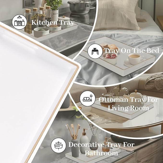MAONAME White Decorative Tray for Coffee Table, Modern Serving Tray with Handles, Plastic Rectangular Tea Trays for Ottoman, Bathroom Decor, 15.8” X 10.2” x 1.4"