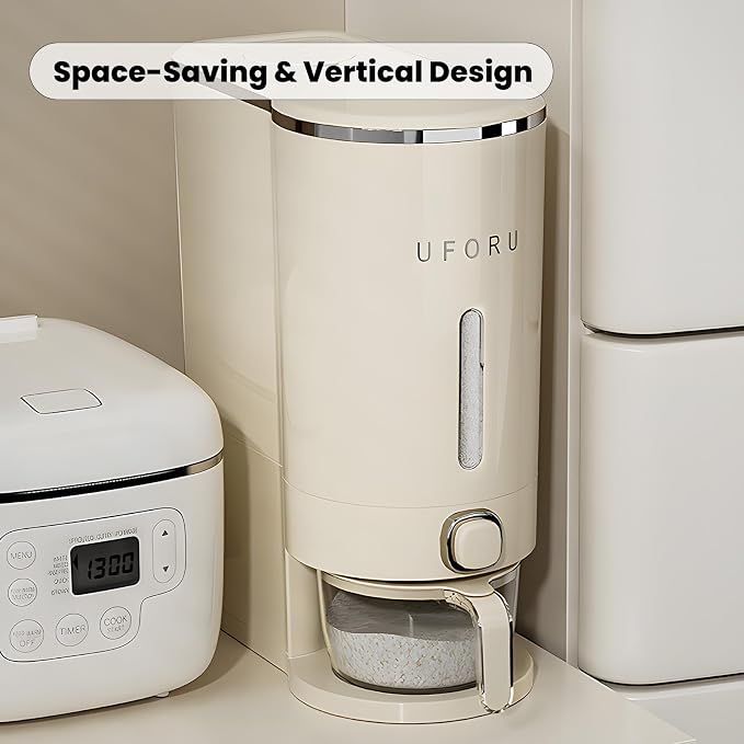UFORU Rice Dispenser, Rice Storage Container with Measuring Cup for Kitchen Pantry Household, Dry Food Storage Containers Airtight, Sealed Moisture Proof, Cream White 11 Lbs